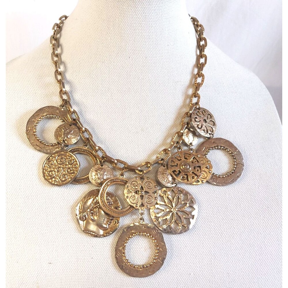 Gold Tone Chunky Coin Charm Vintage Chain Necklace 70s hammered state find